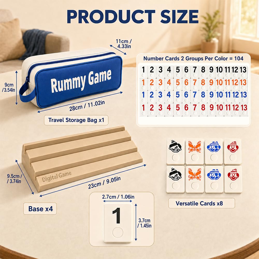 Rummy zestaw stołowy z 1 torbą do przechowywania, 4 wspornikami i 112 żetonami