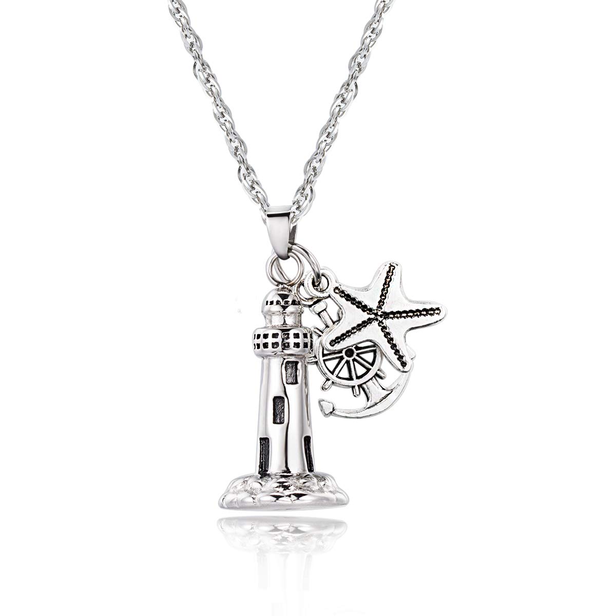 Gredstar Lighthouse Urn Necklace for Ashes Memorial Keepsake Pendant with Starfish Charms Cremation Jewelry (Lighthouse + Anchor + Starfish)