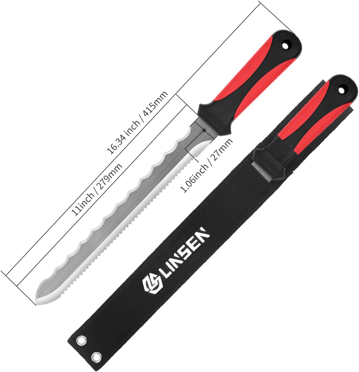 Insulation Knife, Stainless Steel Garden Knife with 11" Blade, Double Side Sod Cutter with Nylon Sheath for Cutting Mineral Wool and Insulation Foam Board - Red