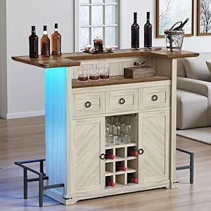 DWVO Home Bar Table Unit Cabinet with LED Lights & Drawer, 12-Glass Holder & Adjustable Wine Storage, Farmhouse Mini Bar Unit with Footrest for Living & Dining Room, Off White+Walnut Grain