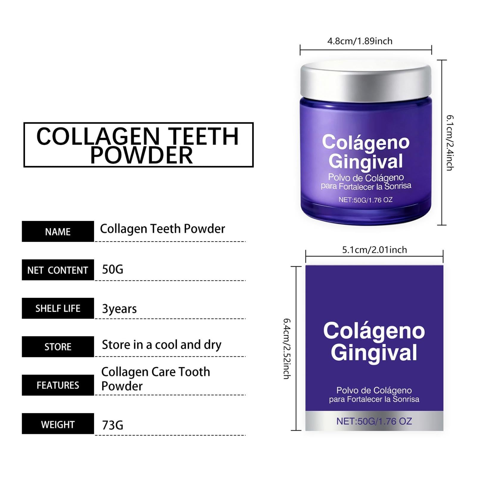 Polvo de colágeno para dientes, 50 g, polvo para el cuidado bucal con colágeno e hidroxiapatita, polvo dental protector de encías y esmalte dental para uso diario (1) — view 9