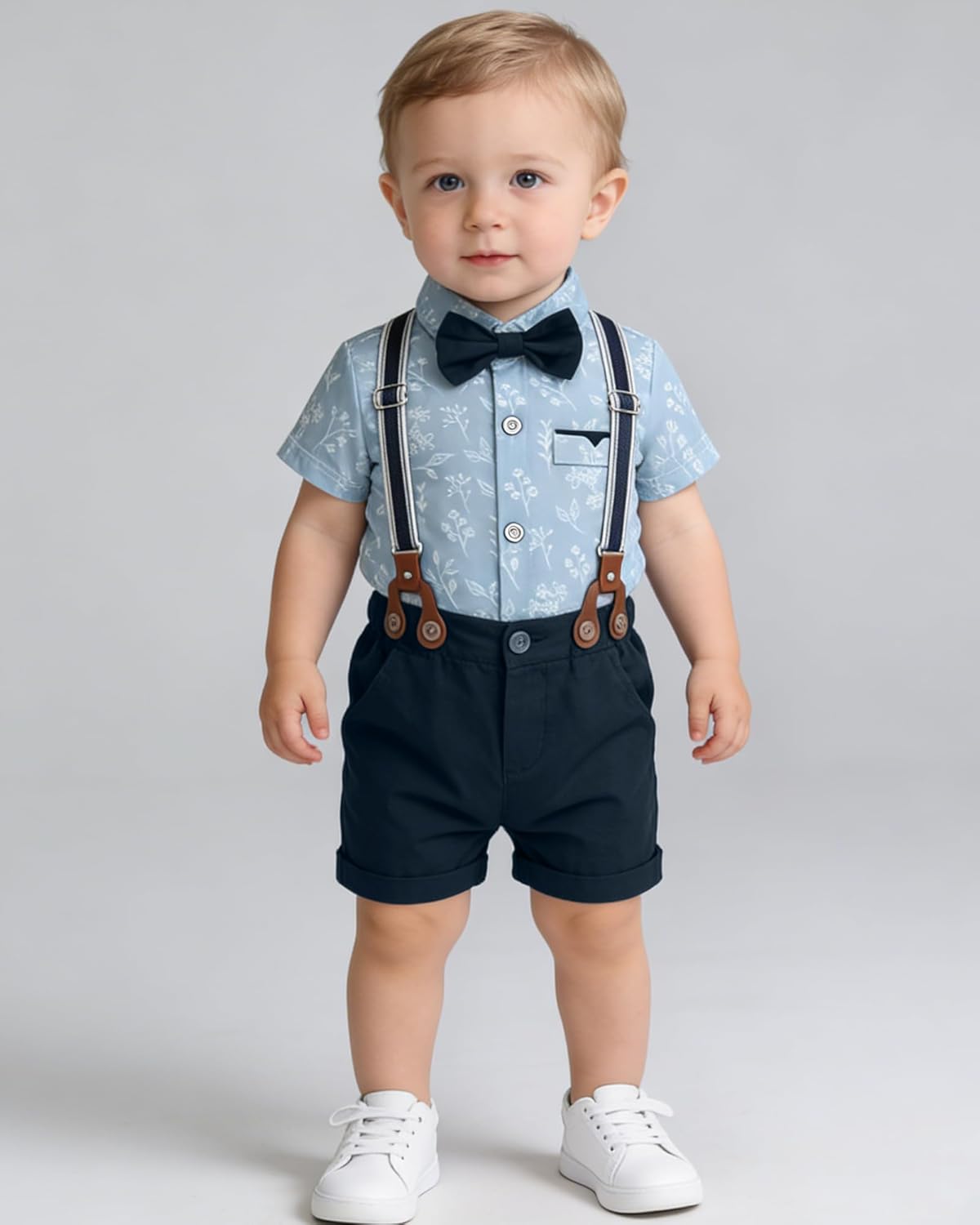 Baby Boy Clothes Suits 3-24M Infant Gentleman Wedding Outfits, Short Sleeve Shirt + Bowtie + Suspender Shorts Set - Image 3