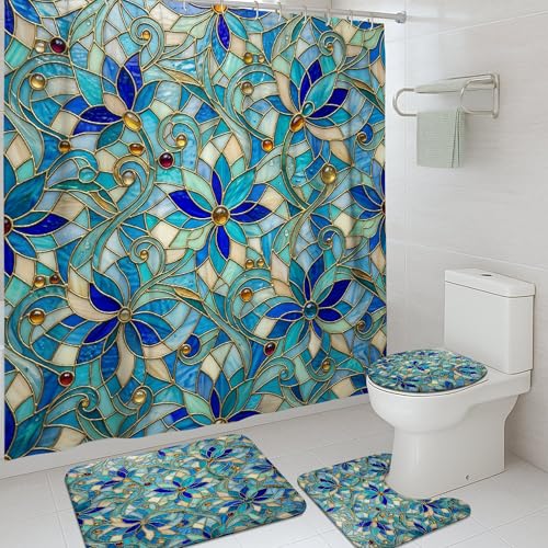 Rideau de douche bleu 183x183 cm avec tapis de bain lavable et crochets - 2