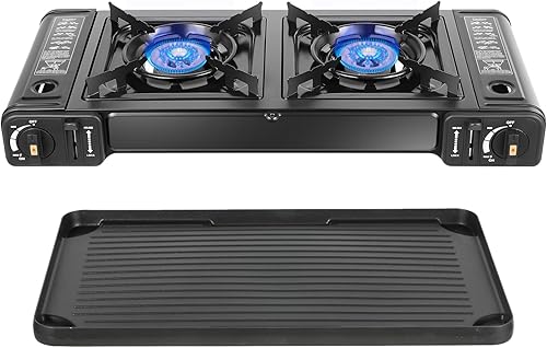 Estufa de butano de doble quemador, kit de estufa de butano para acampar con bandeja para hornear y funda de transporte, quemador portátil para