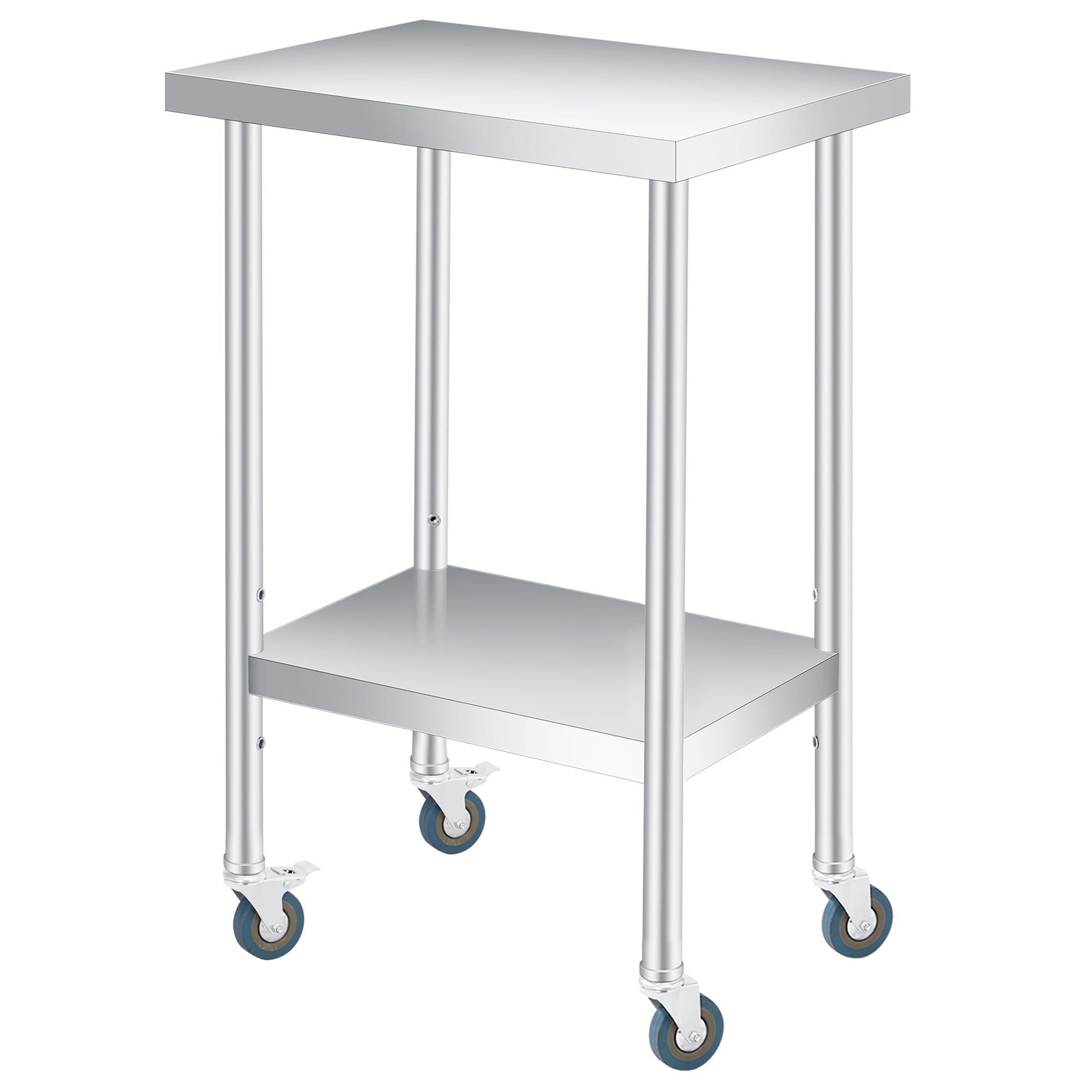2-Tier Stainless Steel Patio Side Table with Wheels– Heavy Duty Outdoor Prep Table with Adjustable Storage Shelf, Rust Resistant Utility Table for Garden, Kitchen, Restaurant, Home, Easy to Clean