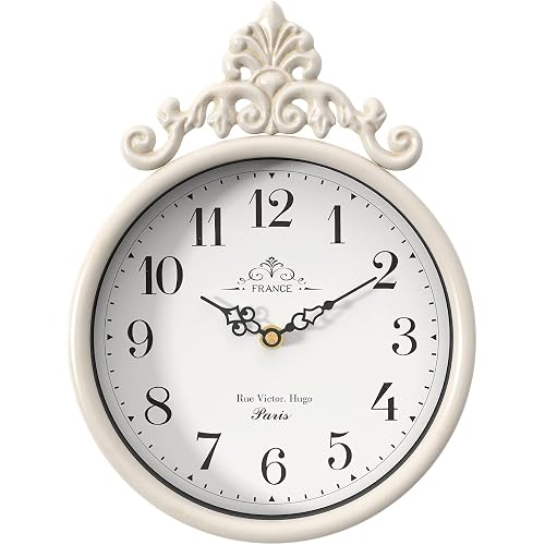 Small French Decorative Wall Clock, Ivory White | Antique Vintage Boho Style, Silent Battery Operated Wall Clocks for Farmhouse,Kitchen,Bathroom,Bedroom (10.23" H x 7.7" W)