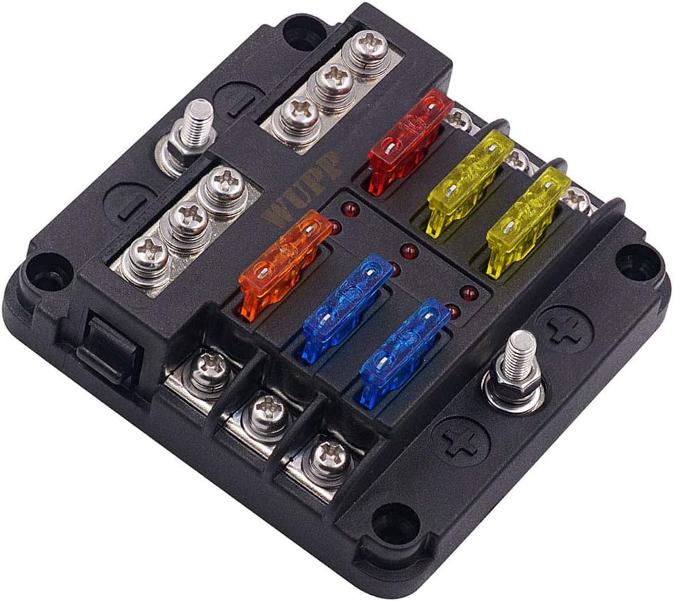 12 Volt Fuse Block, Waterproof Boat Fuse Panel with LED Warning Indicator Damp-Proof Cover, 6 Circuits with Negative Bus Fuse Box for Car Marine RV Truck DC 12-24V