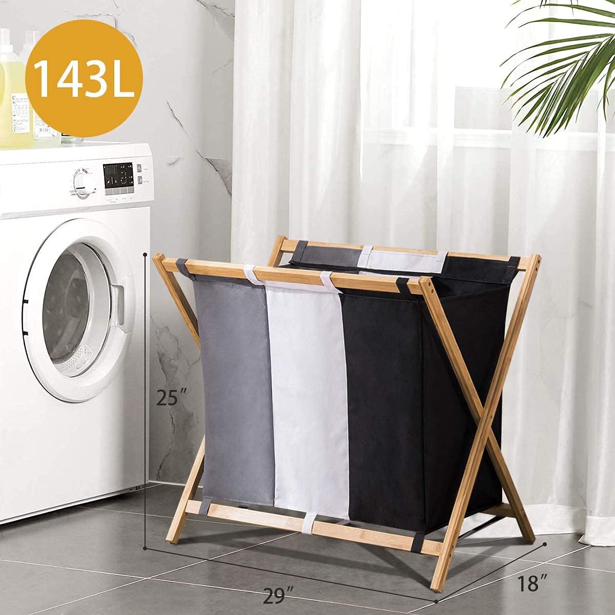 YOUDENOVA 143L Large Laundry Sorter 3 Section, Waterproof Laundry Hamper Basket with 3 Compartments, Triple Divided laundry Organizer with Sturdy Bamboo Frame for Dirty Clothes in Home
