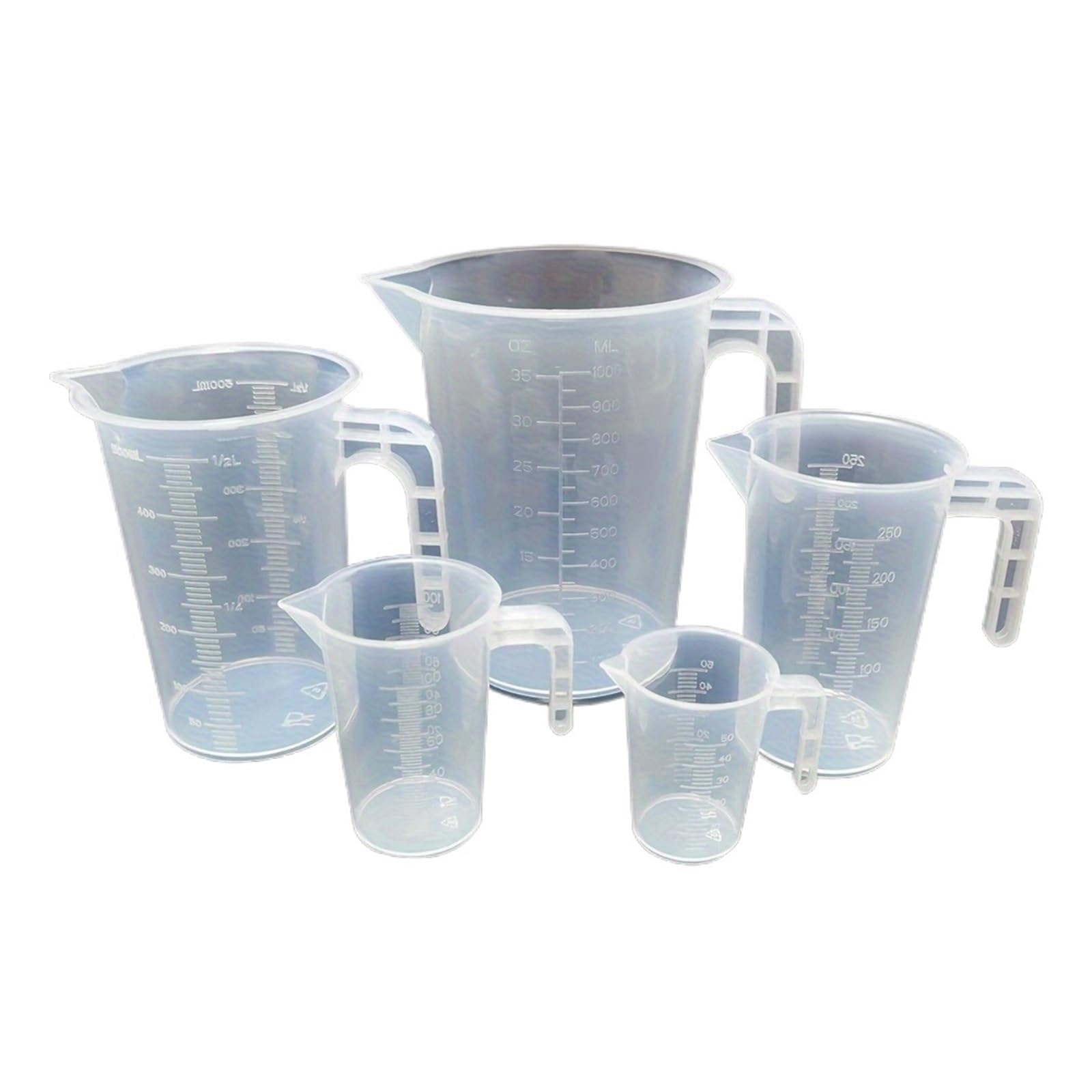 Juego de 5 vasos medidores de plástico: 1000 ml, 500 ml, 250 ml, 100 ml, 50 ml. Escala de fácil lectura. Vasos medidores de cocina.