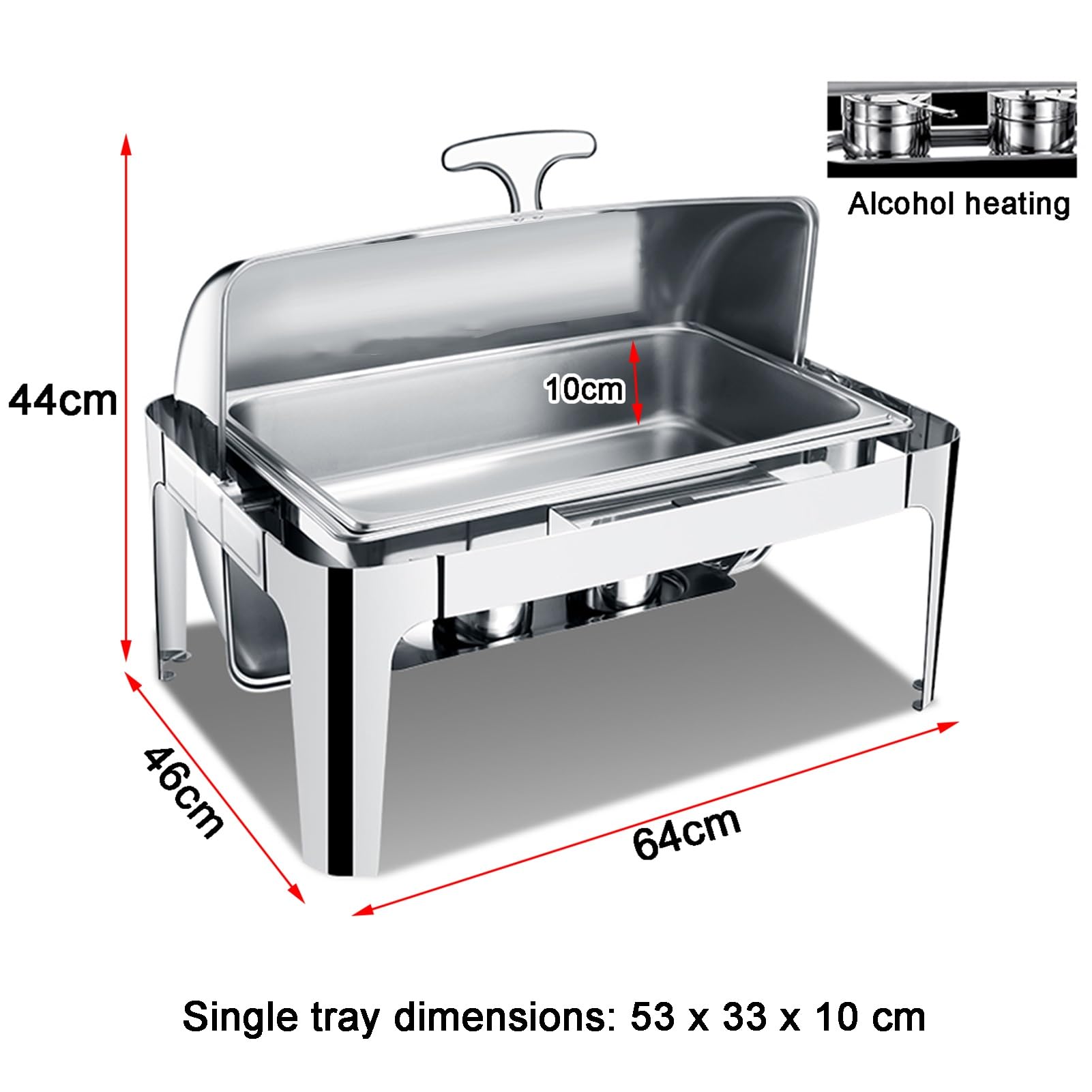 Set di scaldavivande con coperchio arrotolabile, in acciaio inox, vassoio da portata per buffet, contenitore per condimenti, per matrimoni ed eventi, griglia da 10 cm, elegante espositore per alimenti