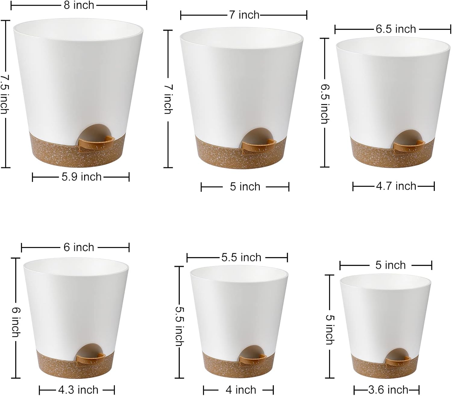 Indoor Self Watering Planters with Drainage Holes and Saucers, 8, 7, 6.5, 6, 5.5, 5 Inches