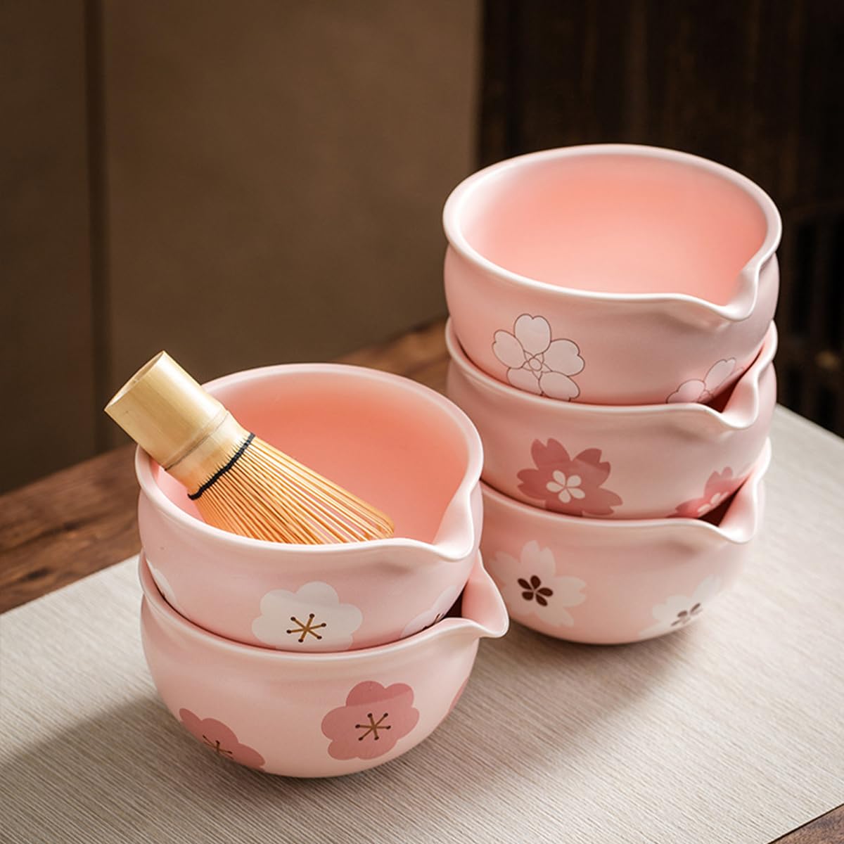 zestaw Matcha Set Pink Sakura Ceramic Matcha Bowl, 500ml Ceramic Chawan do przygotowywania Ursi, Koicha