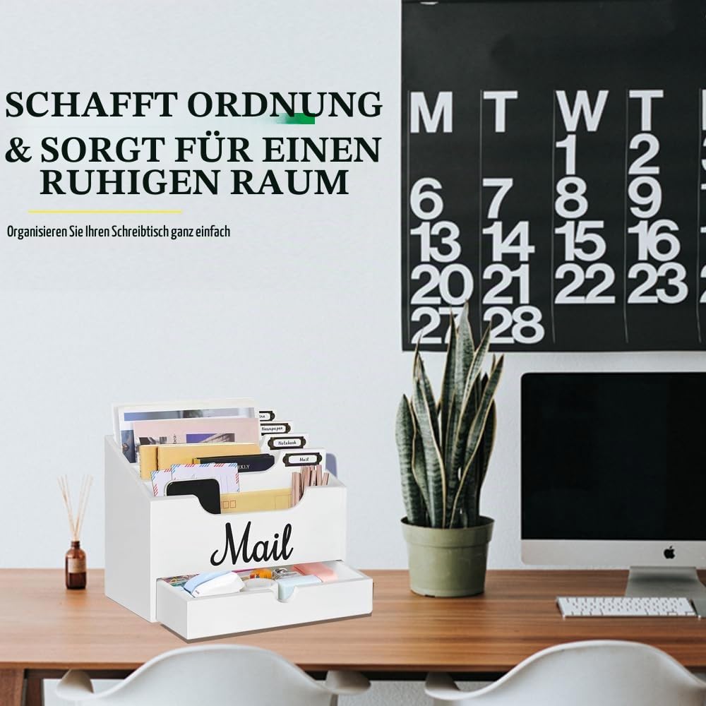 Hölzernen Schreibtisch Mail Organizer, Mail Organizer Arbeitsplatte mit 4 Fächern und Schublade für Büro Schule Rechnungen Dokumente, Weiß Holz Schreibtisch Organizer