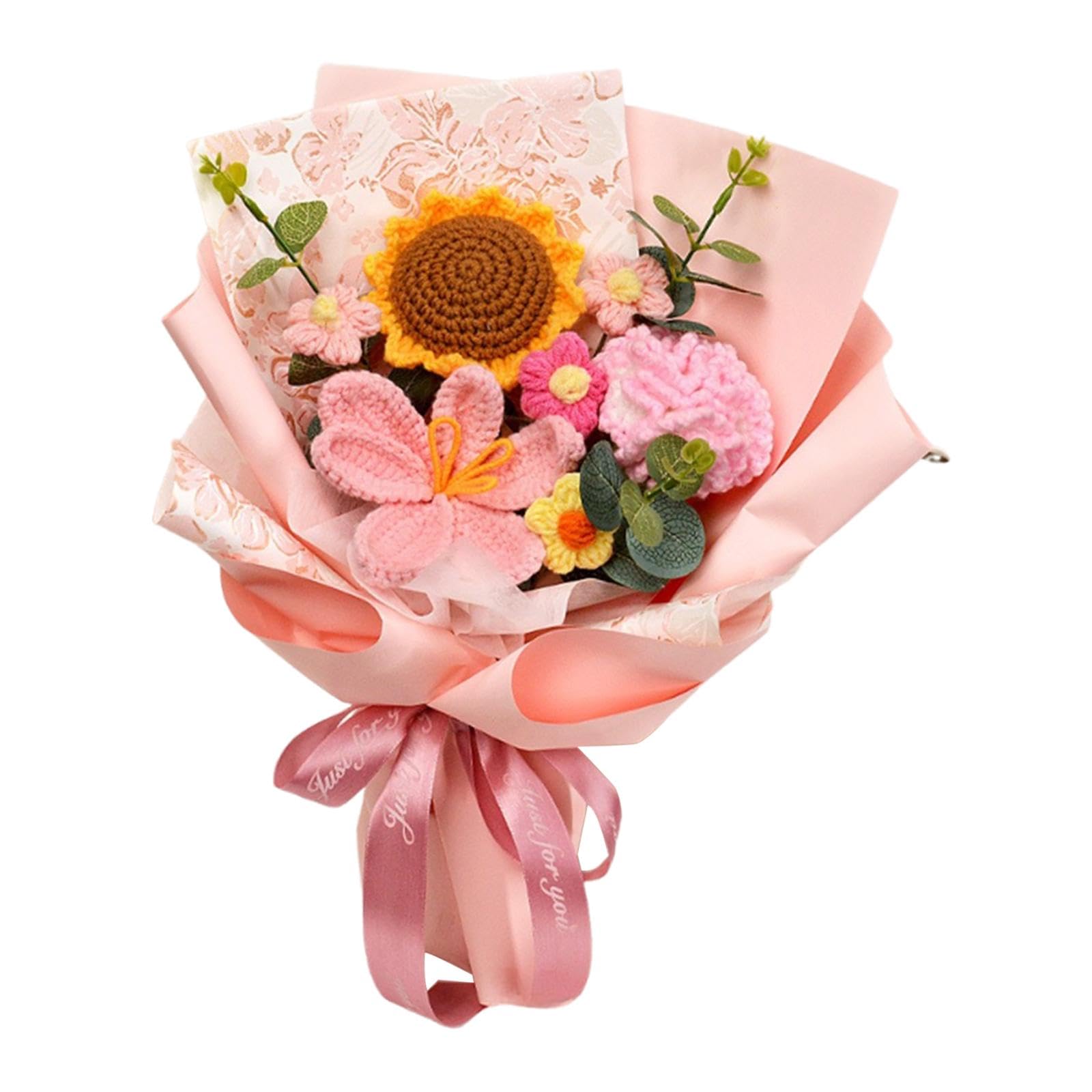 LOVIVER Ouncinetto Flower Bouquet Regalo per la festa della mamma dalla figlia Son Artificial Home decorazioni a maglieria per Mom Donne, Garofano Rosa