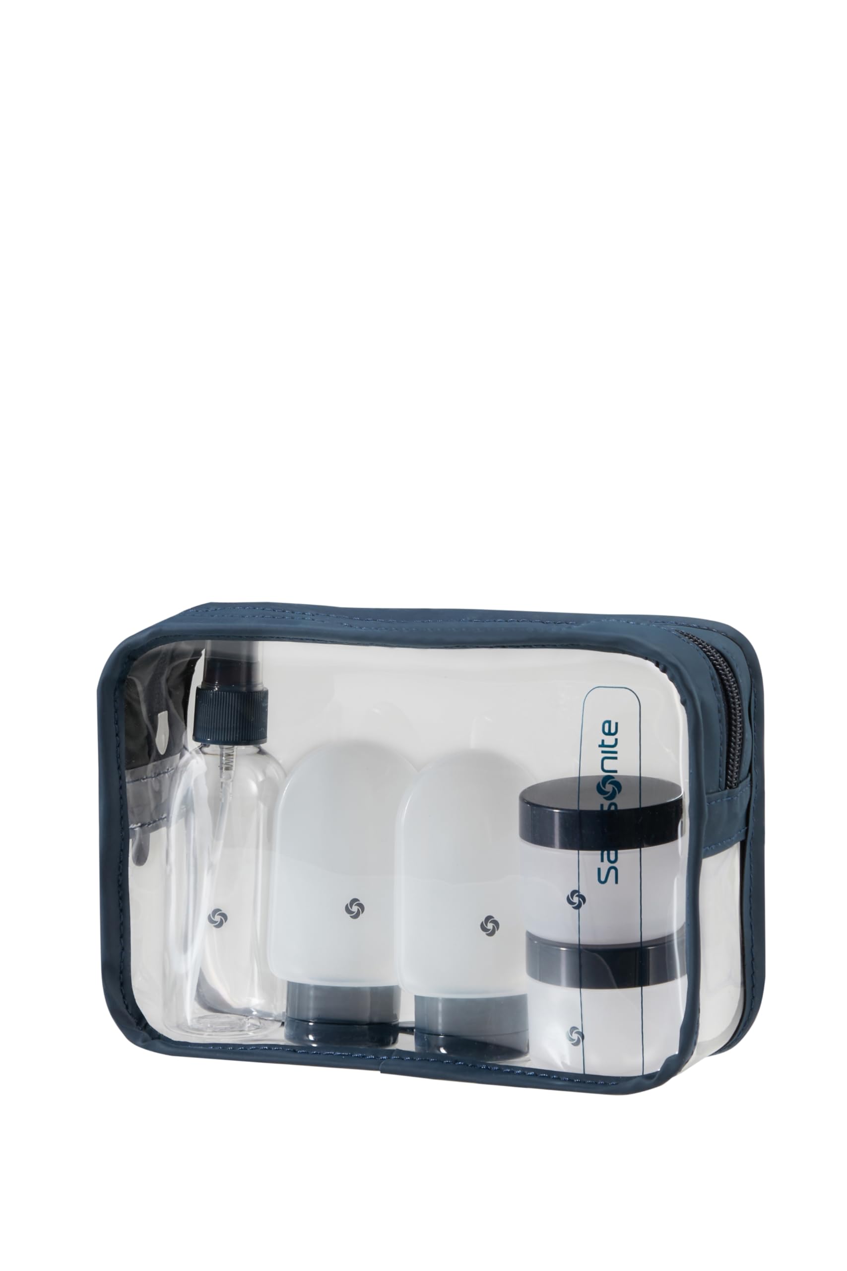 Samsonite TA Revolution - Reiseflaschen Set für Handgepäck, 3X 60 ml Silikonflaschen und 2X 30 ml Behältern, Flugzeug-Reiseset, Kulturbeutel Transparent, Blau (Midnight Blue)