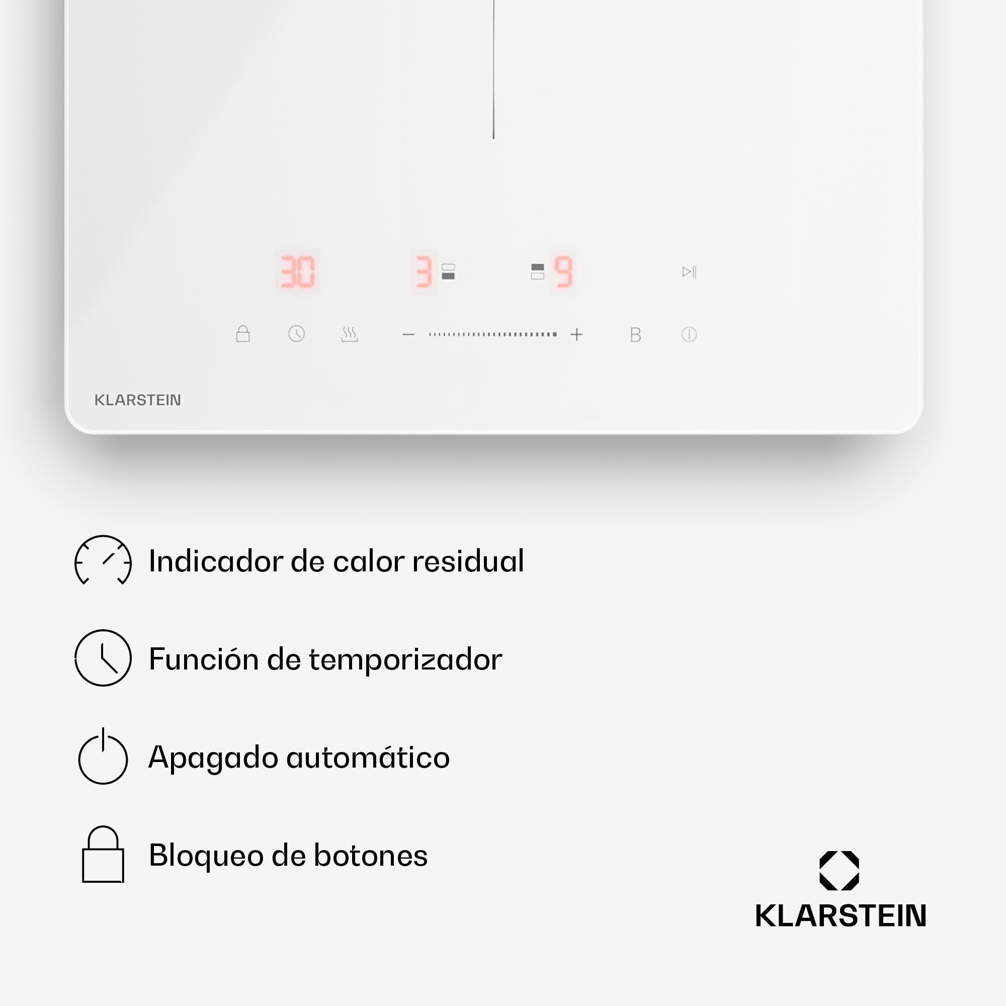 Klarstein PowerGlide Placa Inducción 30cm - 2 Zonas, 3500W Boost, Control Deslizante Táctil, Temporizador, Bloqueo Infantil, Vitrocerámica, Cocina Inducción Compacta, Blanco