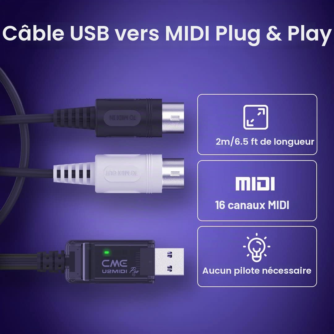 CME U2MIDI Pro – Câble USB MIDI Haute Vitesse avec Filtrage et Mapping, Interface USB vers MIDI Plug-and-Play pour Ordinateur et Instruments MIDI