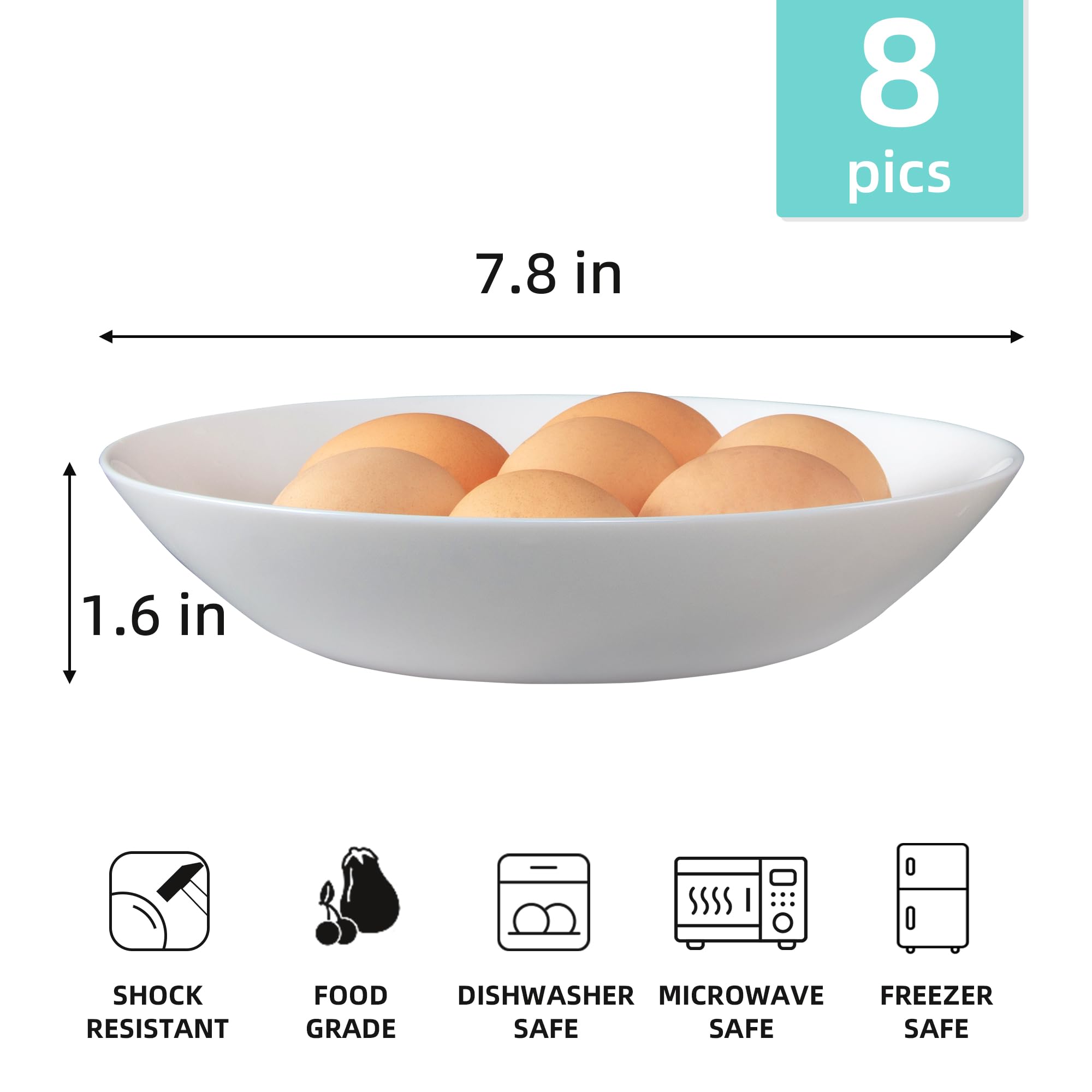 CYUFU Pasta Bowls Set of 8, Tempered Glass Salad Bowls, 7-4/5-Inch Round Serving Bowls, Microwave & Dishwasher Safe Glass Bowls Set