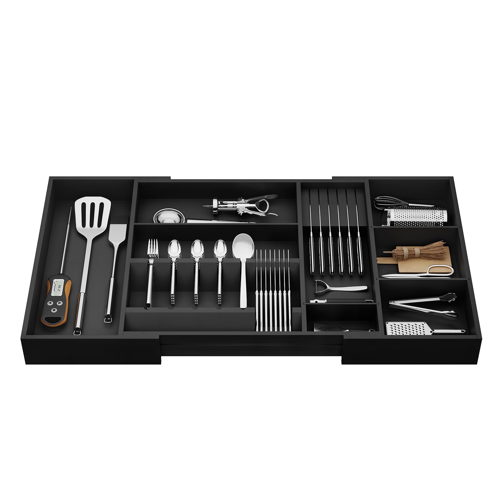 Organizador grande de cajones de utensilios, organizadores de cubiertos de bambú expandibles para cajones de cocina, organizador de cajones multiusos con bandeja ajustable para cuchillos de