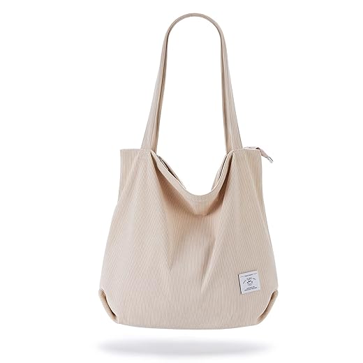 KALIDI Large Corduroy Zippered Tote Bag