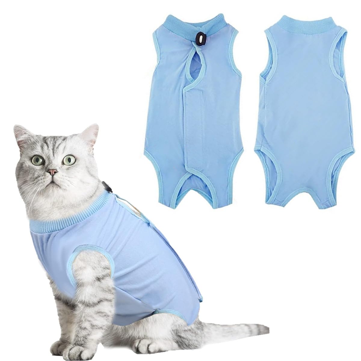 SamHeng Cat Professional Recovery Suit, Kitten Surgery Recovery Suit for Abdominal Wounds or Skin Diseases, Cats Anti Licking Vest Bodysuit, E-Collar Alternative for Cats after Surgery Wear (Blue-L)