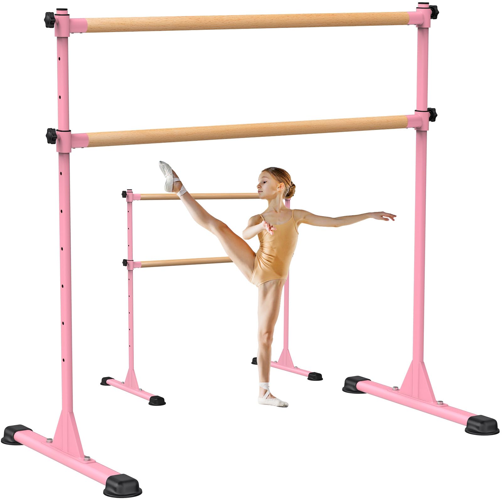 Dolibest Ballet Barre Freestanding, 10 Height Adjustable Ballet Bar Portable Pink Wooden Stretching Dance Bar with Non-Slip Rubber Pads for Girls Kids Adults Home Workout Fitness, 120 x 71cm