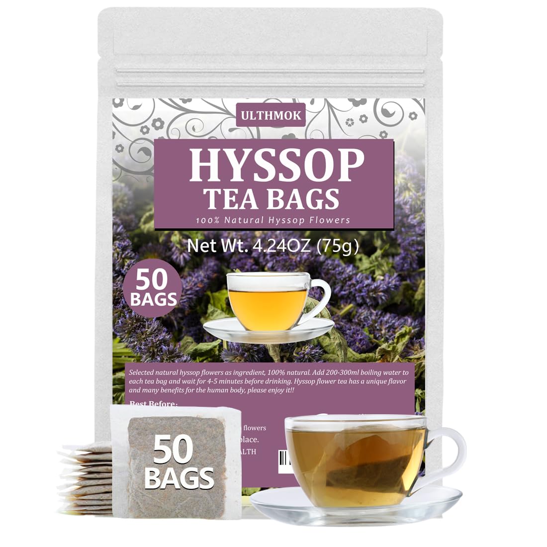 Premium 50 Hyssop Tea Bags, Made with Natural Hyssop Flowers, Support Digestion & Promote Relaxation, No Artificial Flavors & Caffeine Free.