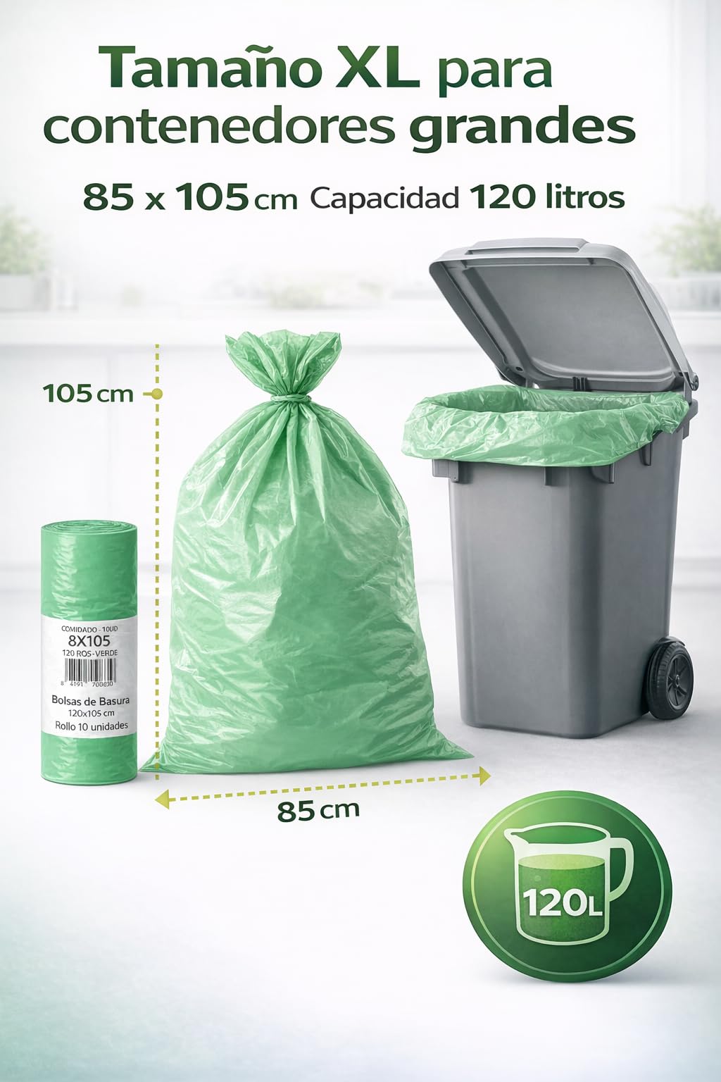 Bolsas de Basura Verdes 120L (85x105 cm) – Rollo de 10 Bolsas Resistentes | Bolsas Industriales para Contenedor Grande | Uso Doméstico y Profesional | Pack de 15, 30 o 60 Rollos (30)