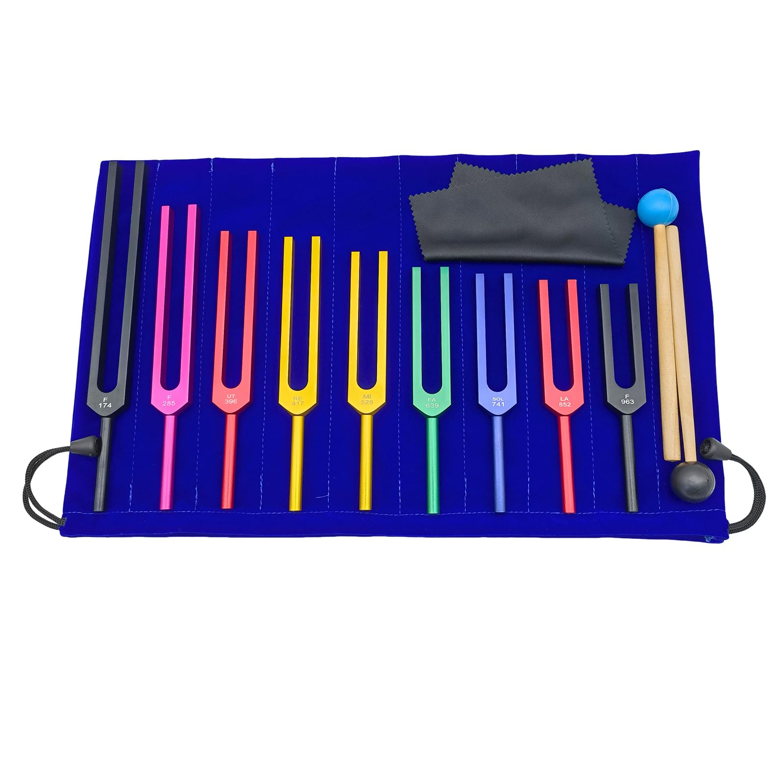 Diapasón Solfeggio, Set de 9 Diapasones de Colores en Aleación de Aluminio con 2 Martillos de Silicona, para Yoga y Relajación (174 Hz, 285 Hz, 396 Hz, 417 Hz, 528 Hz, 639 Hz, 741 Hz, 852 Hz, 963 Hz)