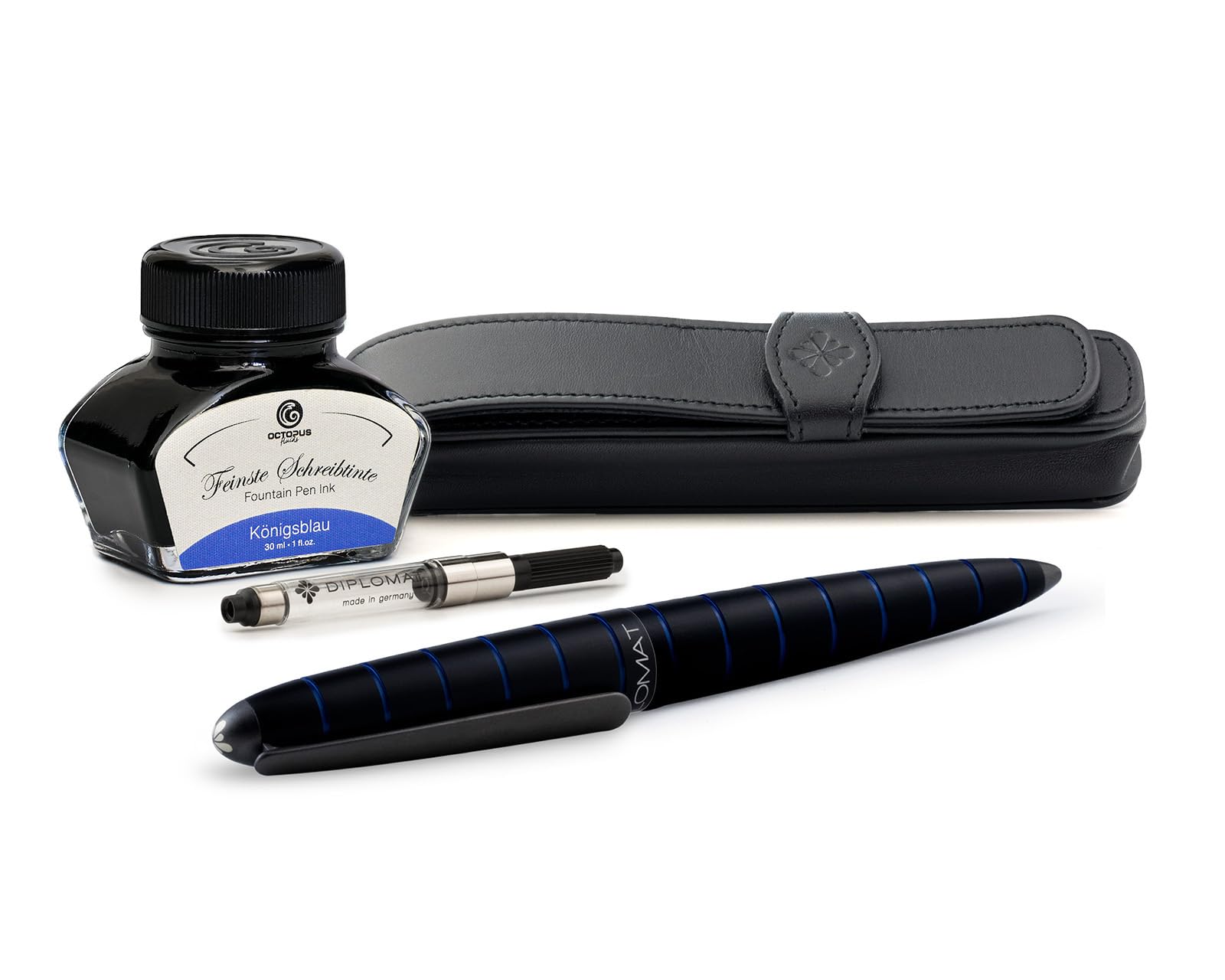 Diplomat Elox Ring Blau Füllhalter Set mit Edelstahlfeder M, Füllhaltertinte in Königsblau und Stift-Etui aus Echtleder, Füllfederhalter, Füller