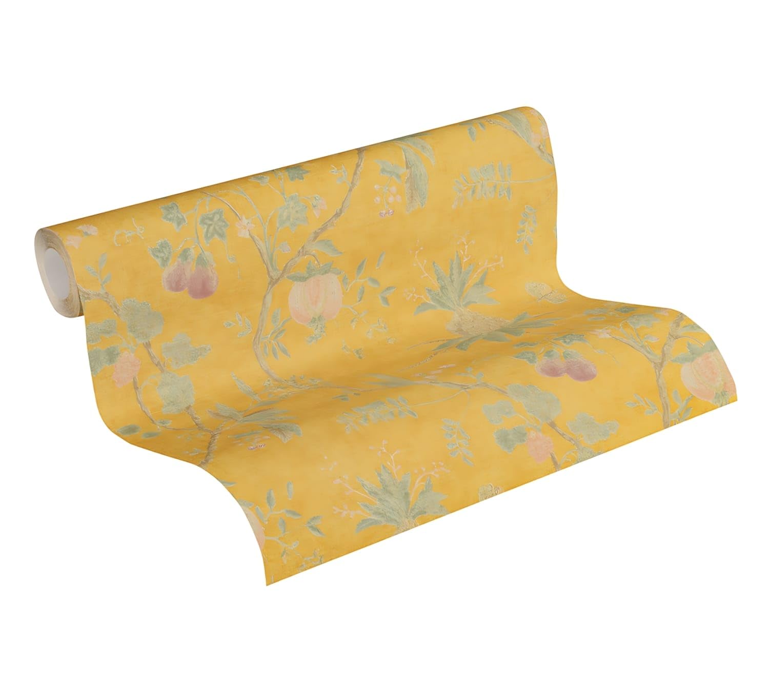 Profhome Papel pintado floral 367194-GU papel pintado no tejido amarillo verde 0,53 m x 10,05 m / 5,33 m2
