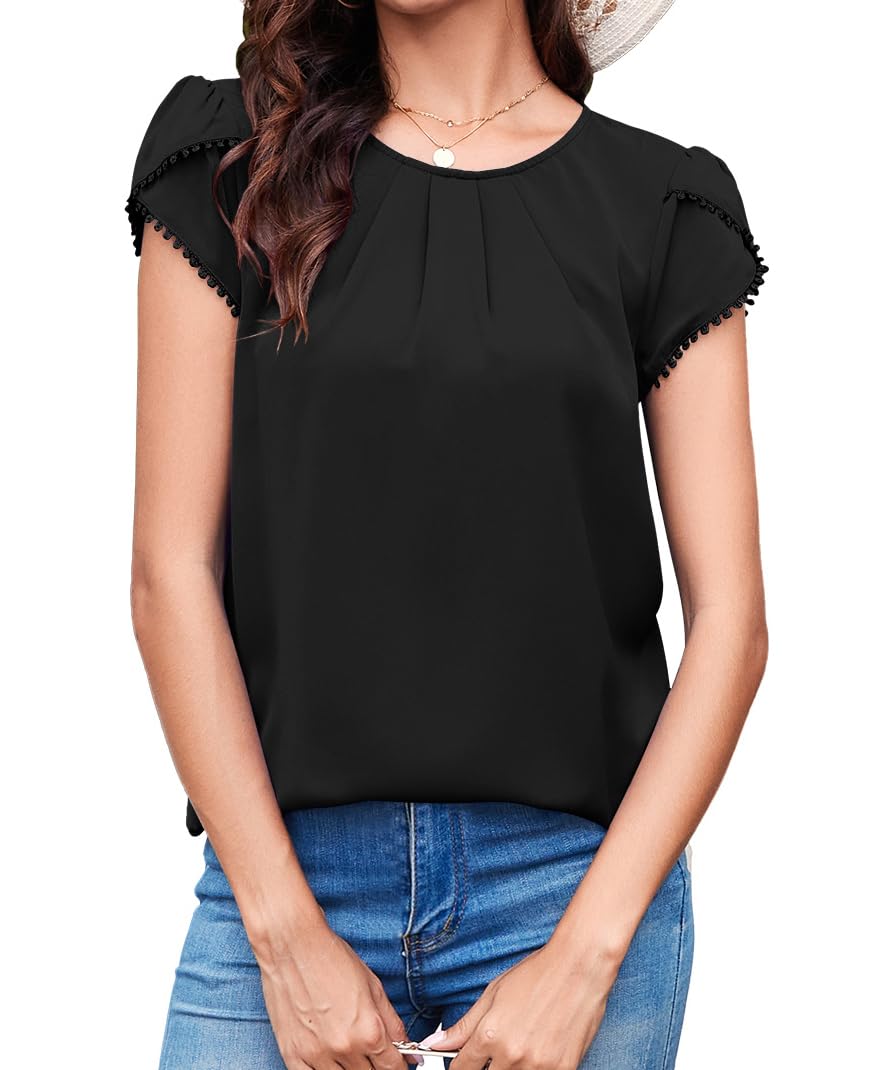 TASAMO Women's Casual Round Neck Basic Pleated Top Cap Sleeve Curved Keyhole Back Chiffon Blouse