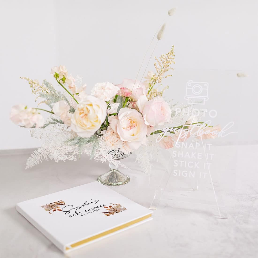Andaz Press Personalized Baby Shower Guestbook with Gold Accents, Fall Leaves Florals Custom Guestbook, White Guest Sign-in Registry, 120 Pages 8.5" X 8.5" Memories Book for DIY Scrapbook Photo Album