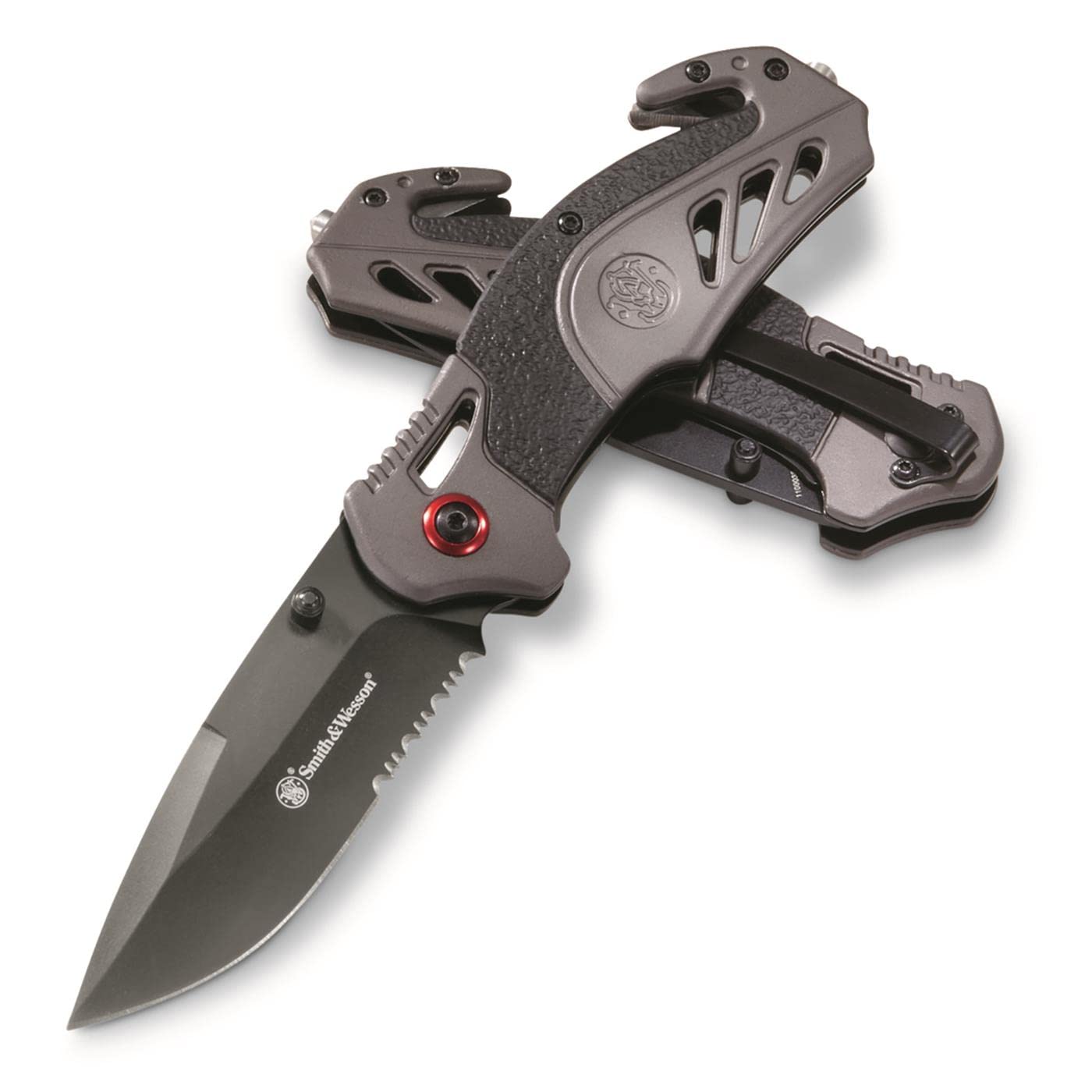 Smith & Wesson 8in High Carbon S.S. Spring Assisted Folding Knife with 3.25in Serrated Drop Point Blade and Rubberized Aluminum Handle for Outdoor Survival and EDC