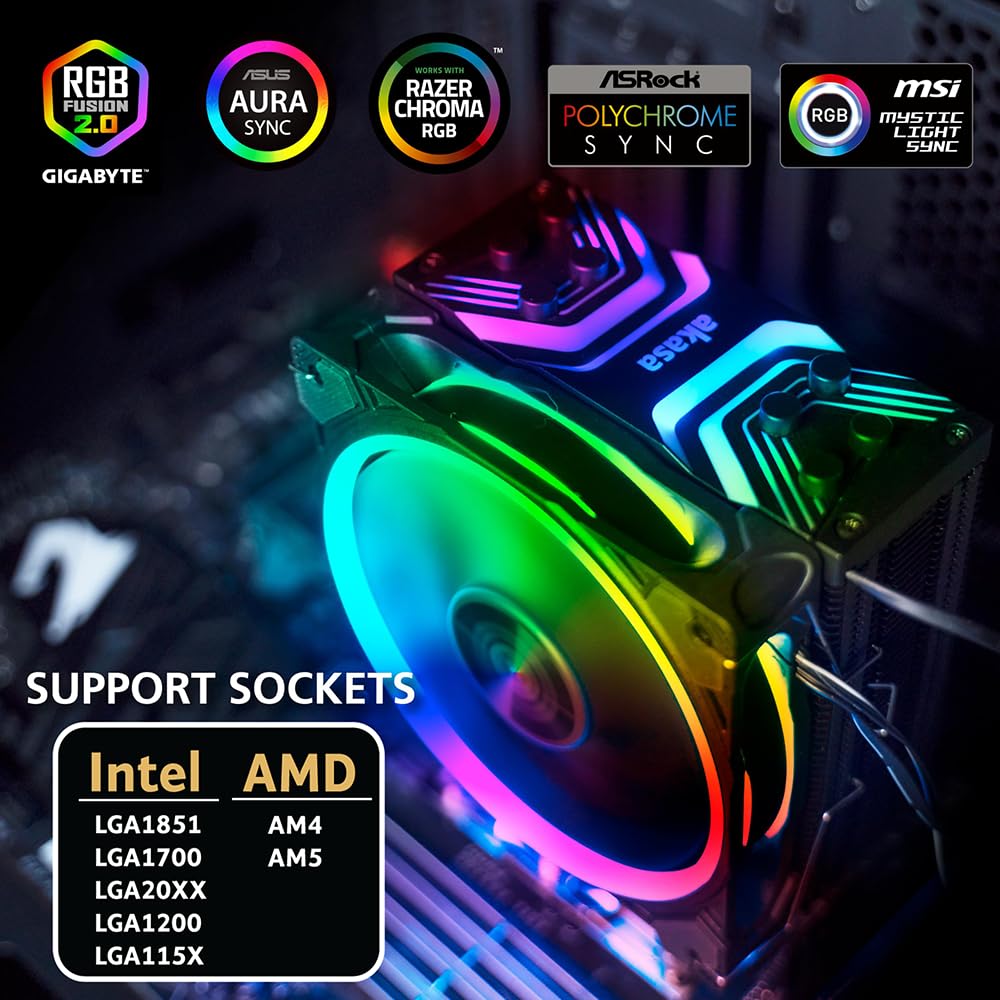 Akasa SOHO H4 Plus Intel LGA1700 & AMD AM4 & AM5, aRGB CPU Cooler, 120mm PWM Fan, 185W TDP 4 Copper Heatpipes, Addressable RGB Fan with RGB Socket, Intel Socket LGA 1700/2066/2011/115X/1200 AK-CC40222