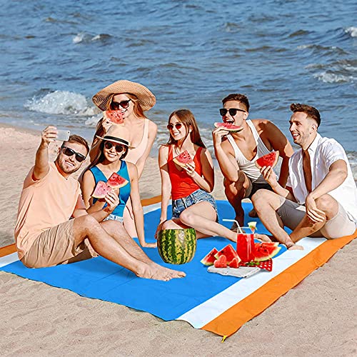 Alfombra de playa, 210 x 200 cm, impermeable, plegable, para acampar, para exteriores, para picnic, multijugador, color naranja, blanco y azul Cover