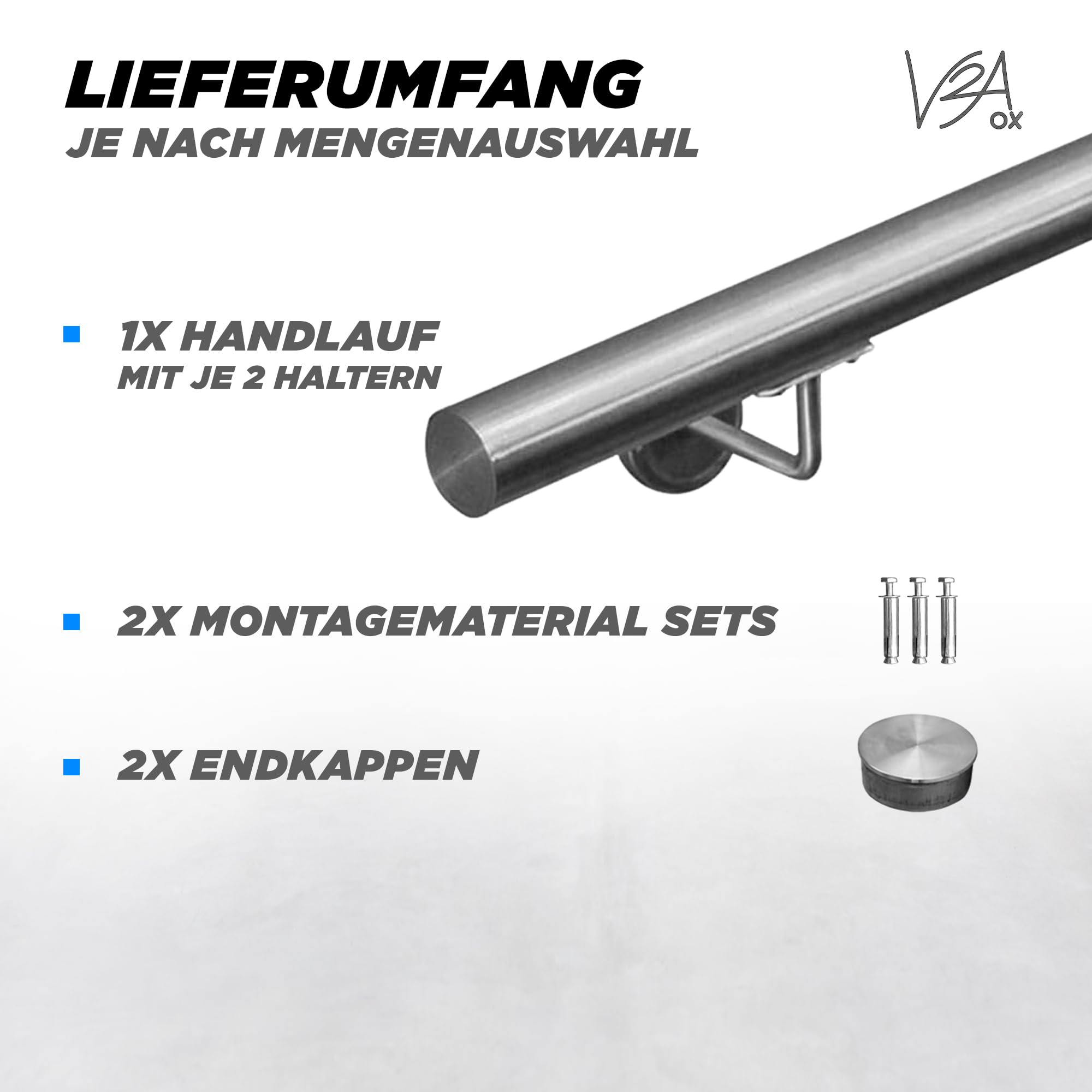 Handlauf Treppengeländer aus Edelstahl, Durchmesser: 4,2 cm, Rostfrei & Wetterfest, Inklusive Montagematerial, Halter, Länge: 100 cm