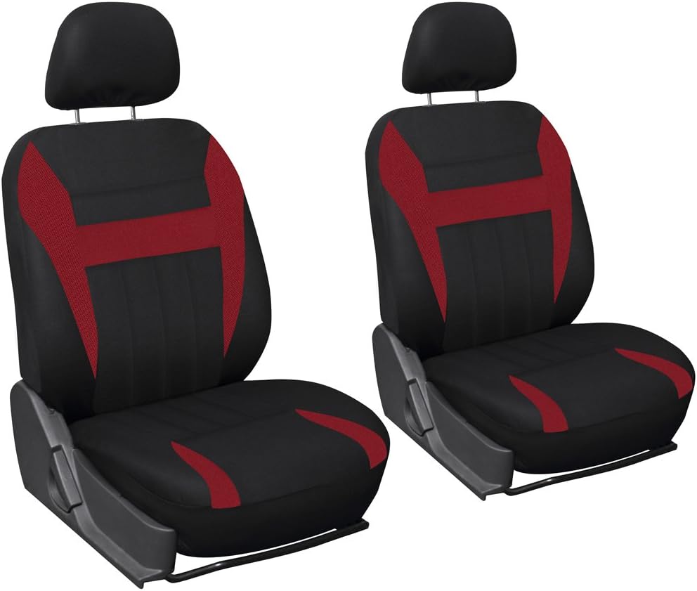 Oxgord 17pc Set Flat Cloth Mesh / Red & Black Auto Seat Covers Set - Airbag Compatible - Front Low Back Buckets - 50/50 or 60/40 Rear Split Bench - 5 Head Rests - Universal Fit for Car, Truck, Suv, or Van - FREE Steering Wheel Cover