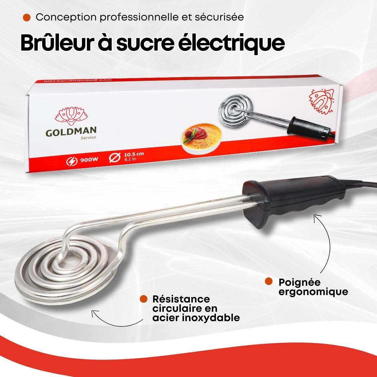GOLDMAN SERVICE Brûleur à sucre électrique rond | 900 W en acier inoxydable | Pelle pour crème catalane et desserts | Pâtisserie professionnelle sans flamme
