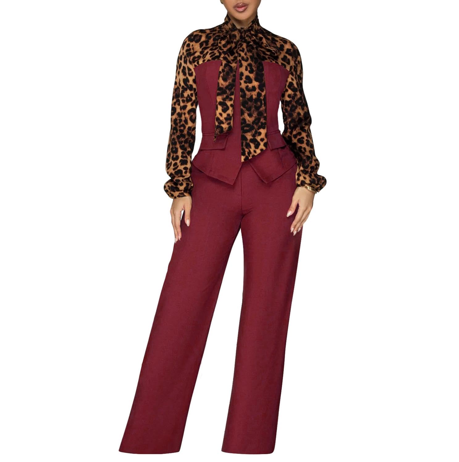 2 Piece Sets for Women Business Casual Outfits Leopard Print Long Sleeve Shirt Blazer Wide Leg Pants Sets