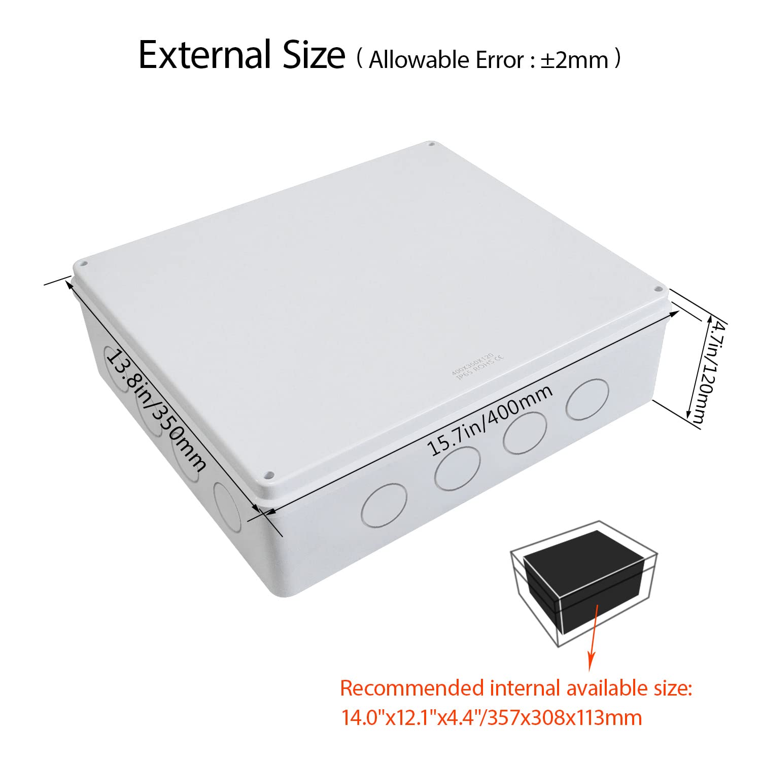 LeMotech Caja de conexiones ABS con agujeros reservados IP65, impermeable, a prueba de polvo, universal, para proyectos eléctricos, 15,7 x 13,8 x 4,7 pulgadas (400 x 350 x 120 mm)