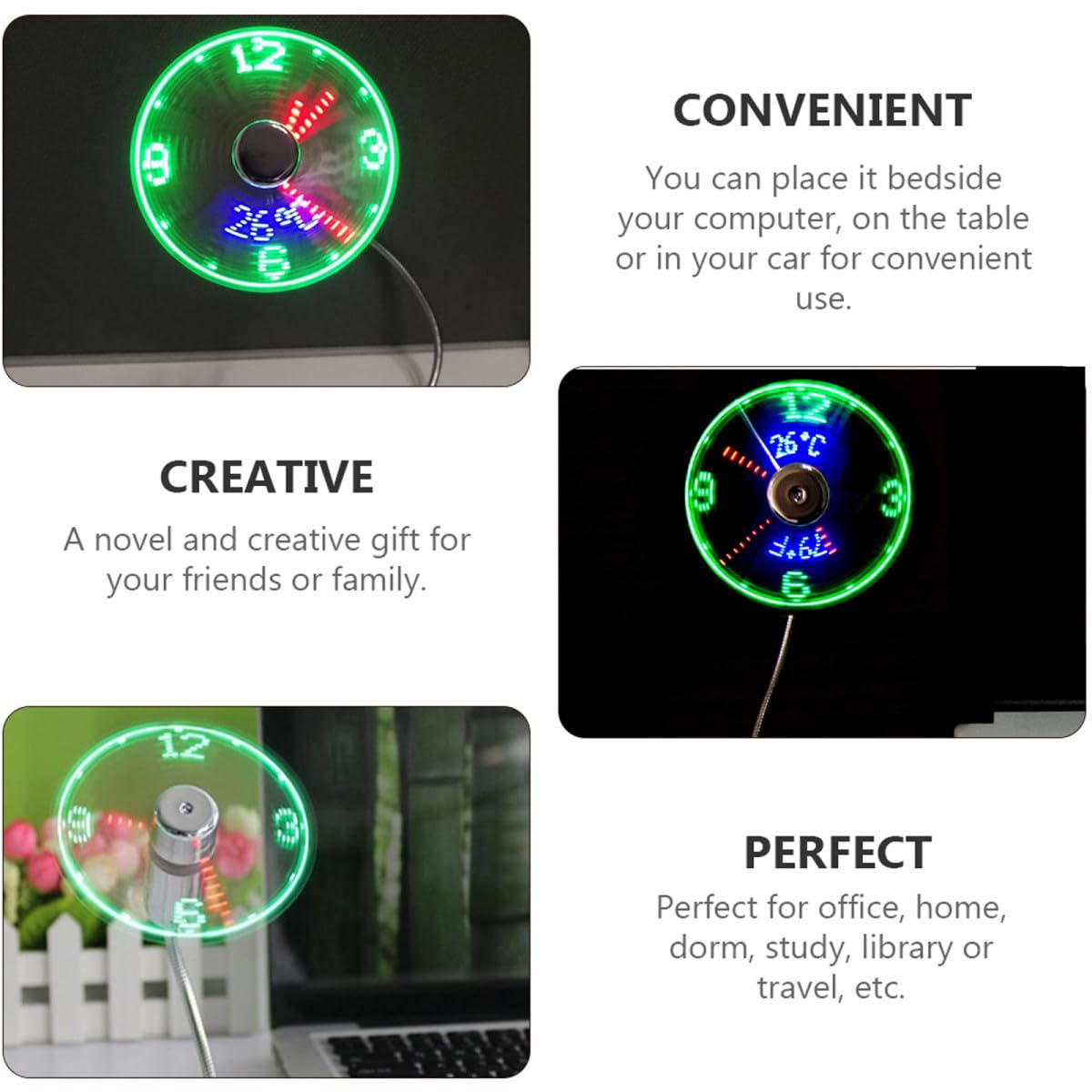 UKCOCO 3pièces Ventilateur Usb Led Avec Affichage Horloge Ventilateur Flexible à De Pour Ordinateur Portable Mini Éclairant Pour Bureau Et Détente