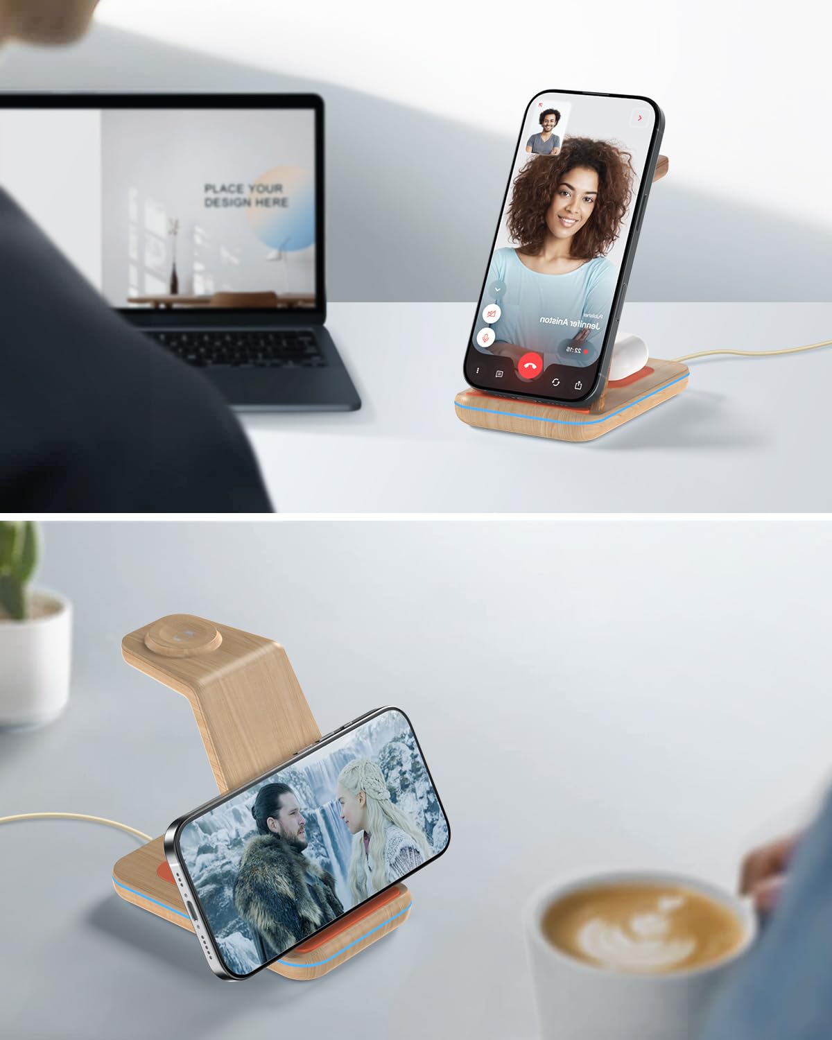 JoyGeek 3 in 1 Kabelloses Ladegerät, Wireless Charger für i Phone 17/16/15/14/13/12/11/X, Induktive Handy Ladestation für iWatch 11/10/9/Ultra/SE/8/7/6/5/4, für AirPods 4/2/3/Pro, Bamboo