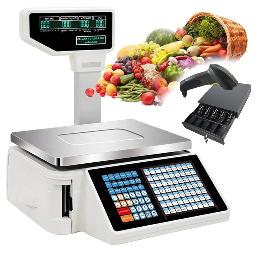 MYUYEE Commercial Digital Price Computing Scale With Thermal Label Printer, Electronic Weight Pole Display, For Food Retail Store, Supermarket (15Kg-A)