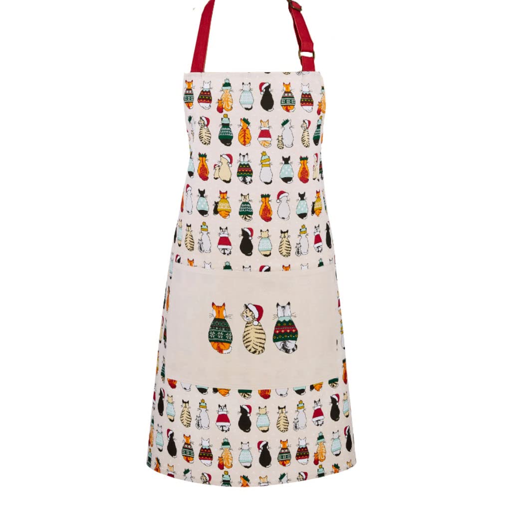 Ulster Weavers Christmas Cats Cotton Apron 70 x 80cm – Festive Cat Print Kitchen Apron with Front Pocket, Washable Natural Cotton Cooking Apron