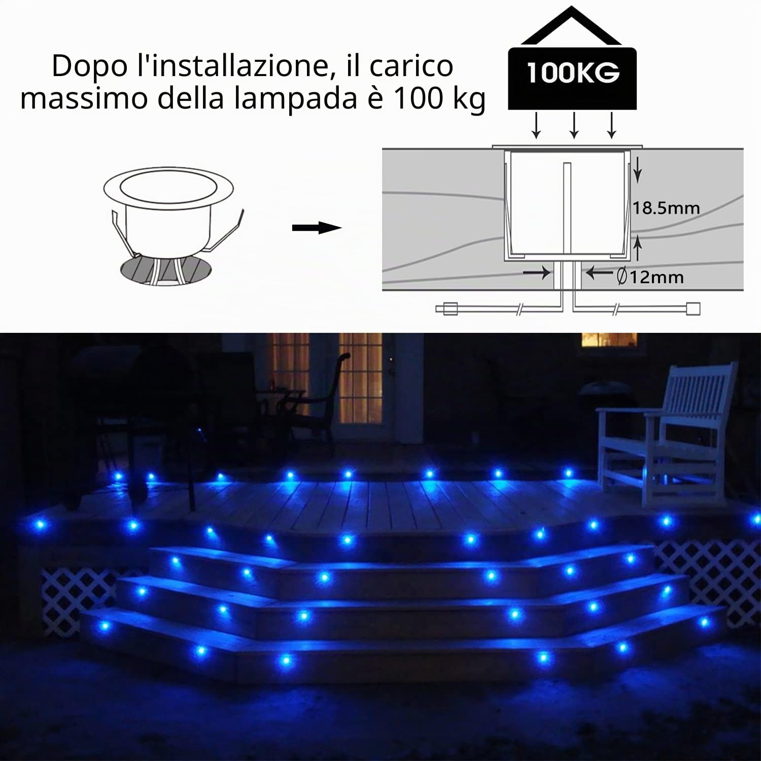 Faretti LED illuminanti, da incasso per esterni IP67, in acciaio inox, colore: nero, per terrazzo, legno, soffitto 0,6 W, DC12 V, luce spot LED lampada esterna [ (blu, 10 kit)