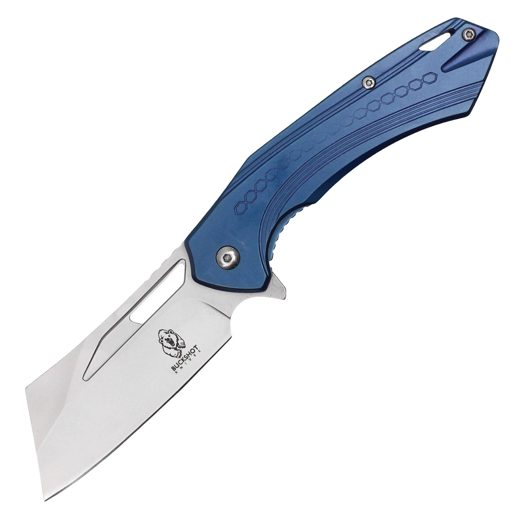 8" Overall Stainless Steel Handle Cleaver Blade Spring Assisted Folding Pocket Knife (Blue)