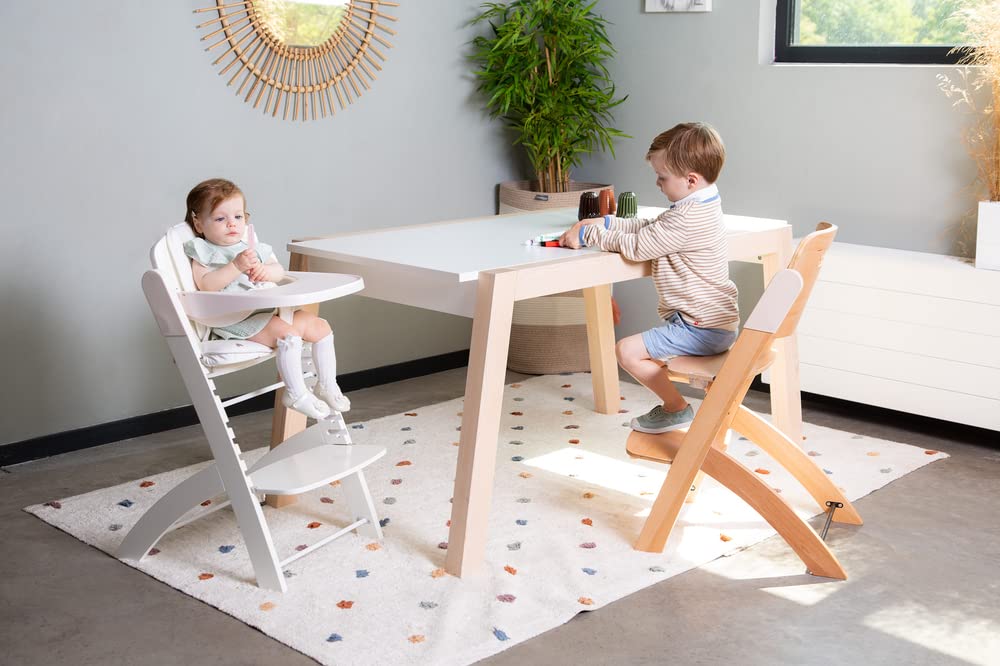 CHILDHOME, Trona Evolutiva : De 0 meses a 85KG, Tableta incluida, Madera de haya, Barra antivuelco, Arnés de seguridad de 5 puntos, Tornillos invisibles, Evosit Natural Beige