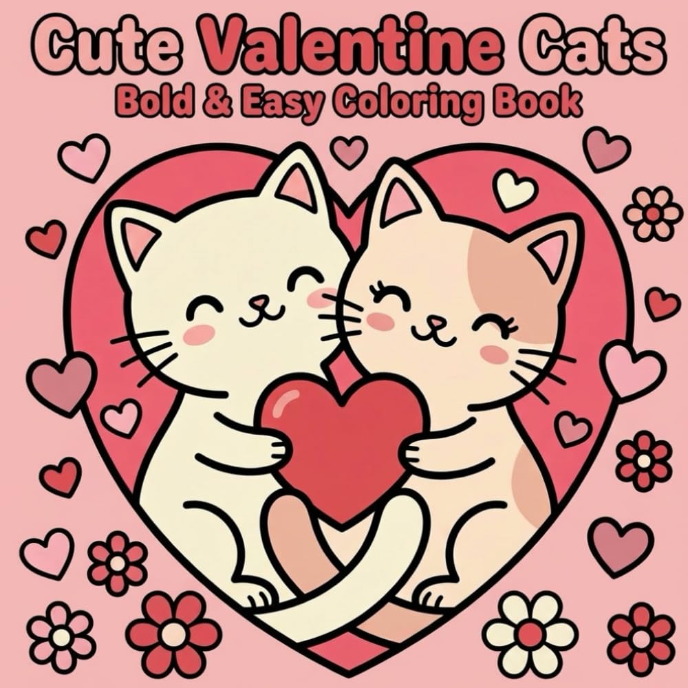 Cute Valentine Cats: Bold & Easy Coloring Book for Kids & Adults