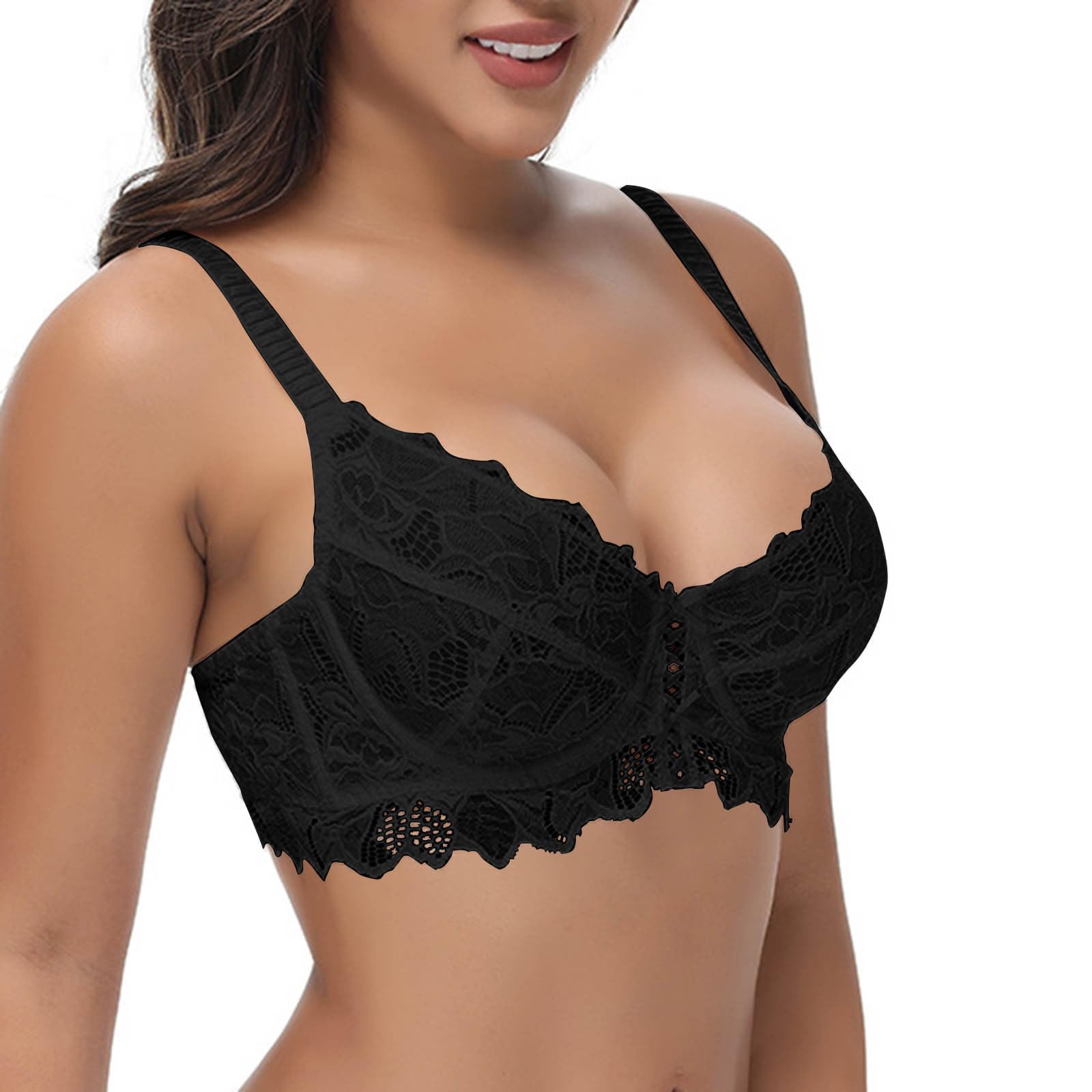 Soutien Gorge sans Armature Sexy Col en V Push Up Brassière Maintien Extreme Soutien Gorge Dentelle Bretelles Réglables avec Dentelle Décoratifs